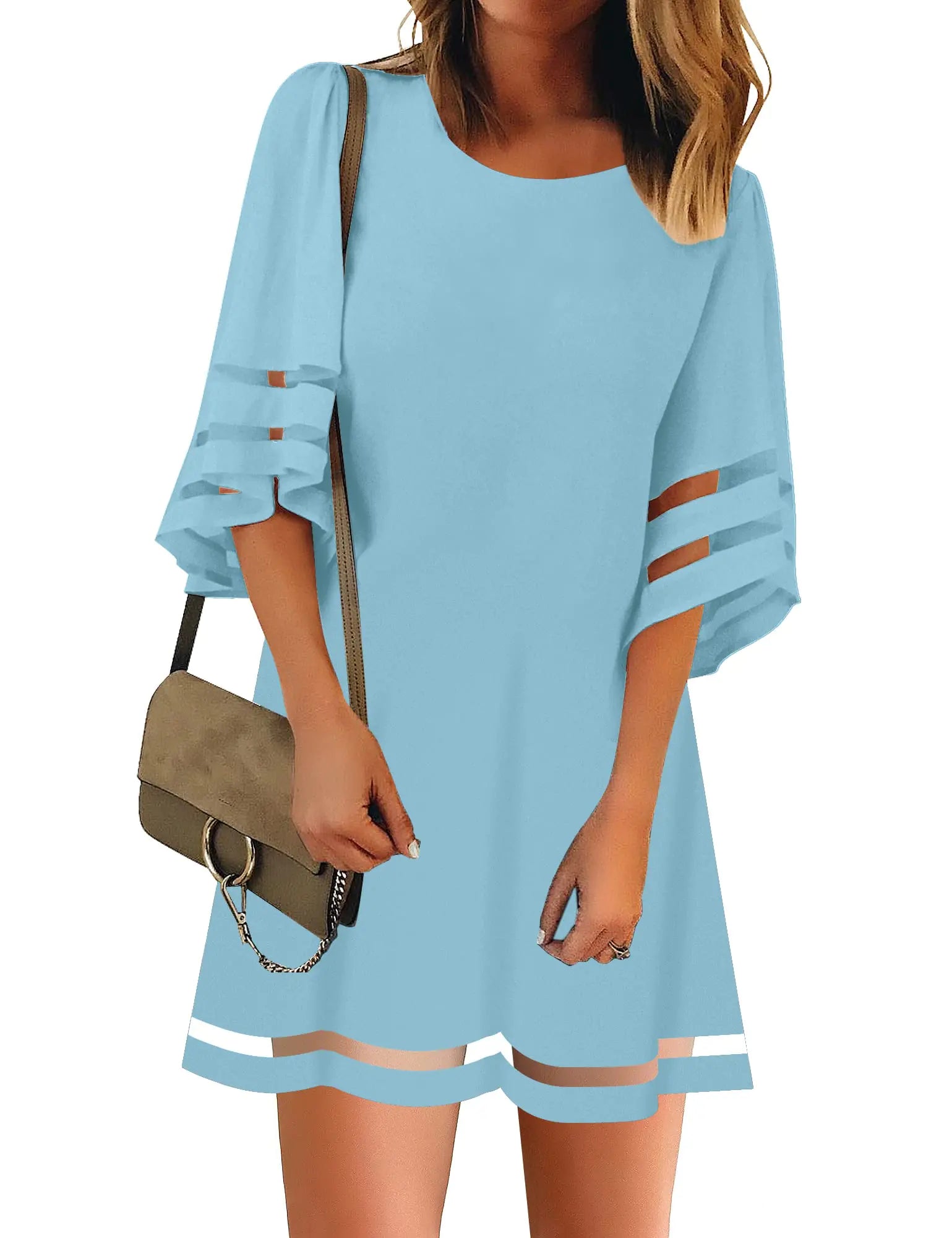 LookbookStore Women Casual Summer Tunic Dress Crewneck 3/4 Sleeve Dress for Women Bell Sleeve Dress for Women Loose Tunic Dress Air Blue Light Blue Wedding Guest Dresses for Women Size M Size 8 10