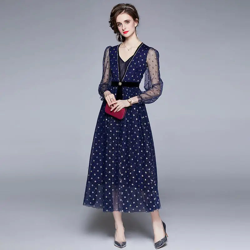 Polka Dot Mesh Evening Dress for Ladies